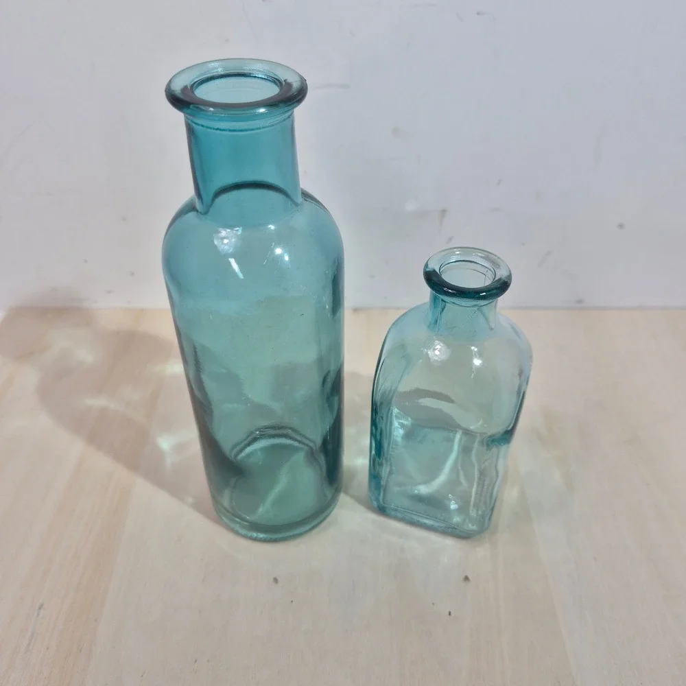 Vintage Aqua Blue Glass Bottles Set of 2 Apothecary Bud Vase Teal Glass